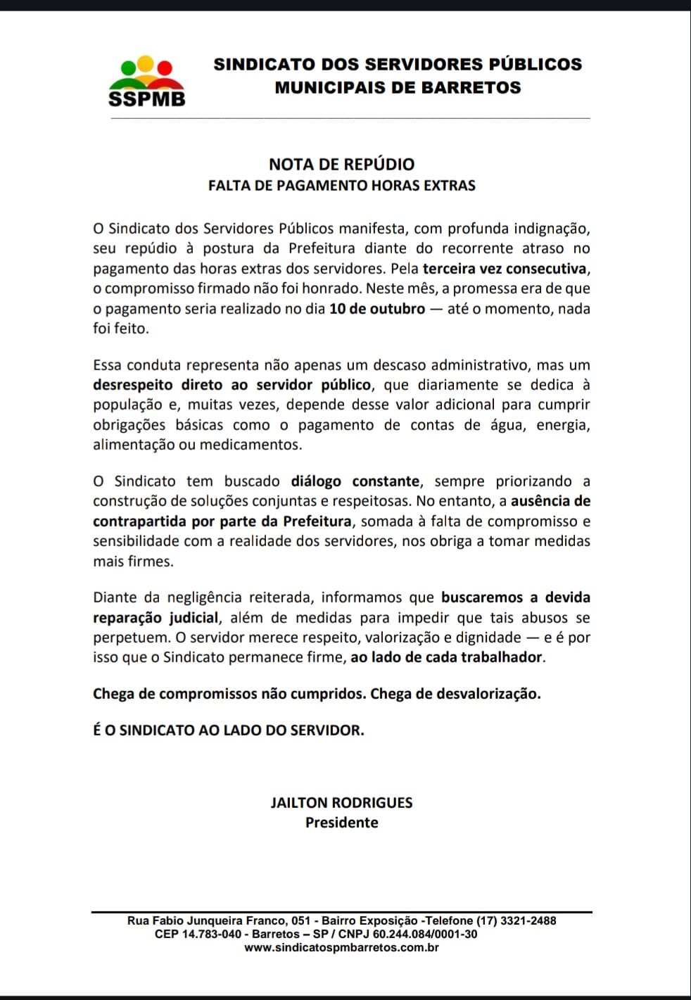 NOTA DE REPÚDIO - FALTA DE PAGAMENTO HORAS EXTRAS
