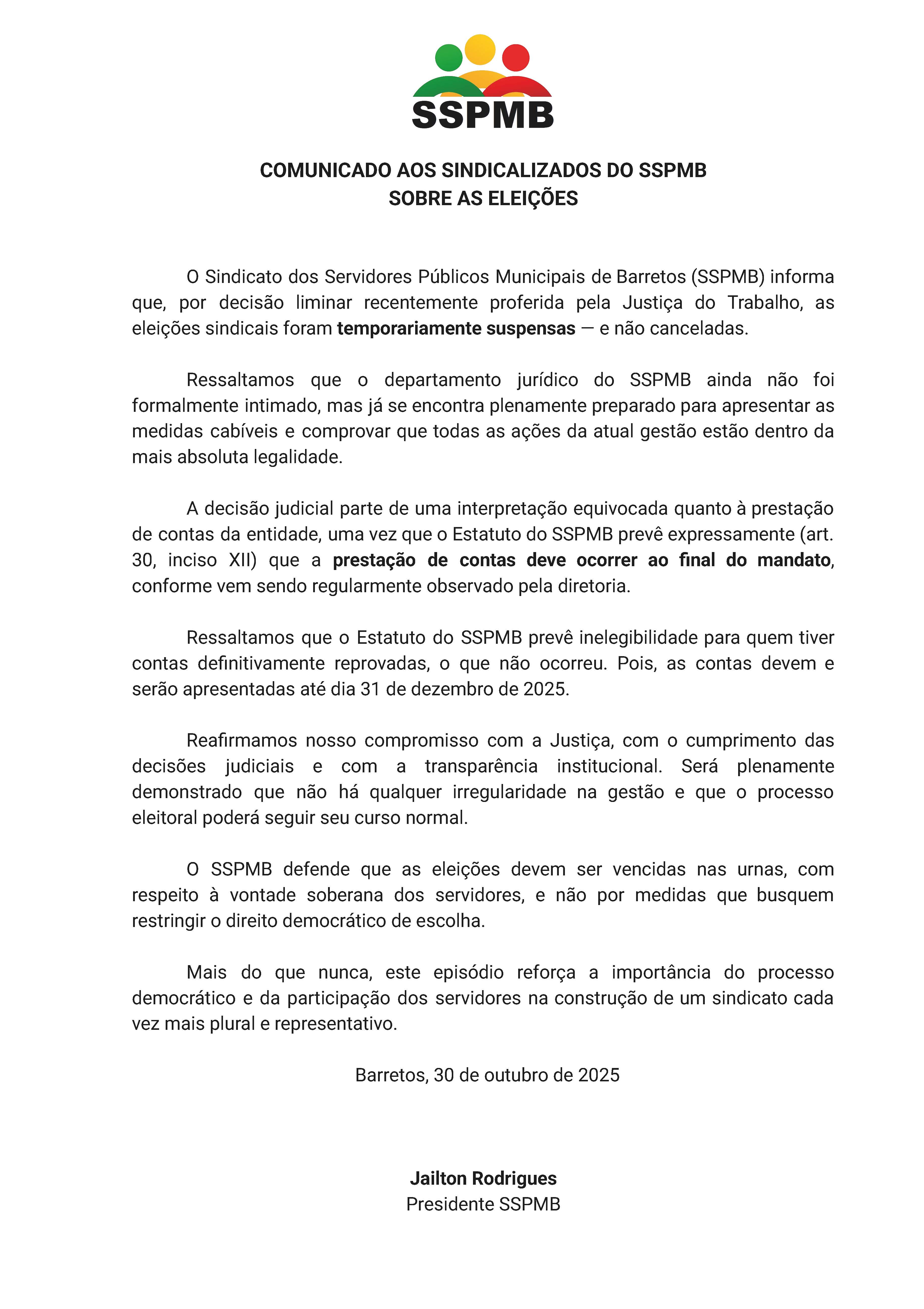 COMUNICADO AOS SINDICALIZADOS DO SSPMB SOBRE AS ELEIÇÕES