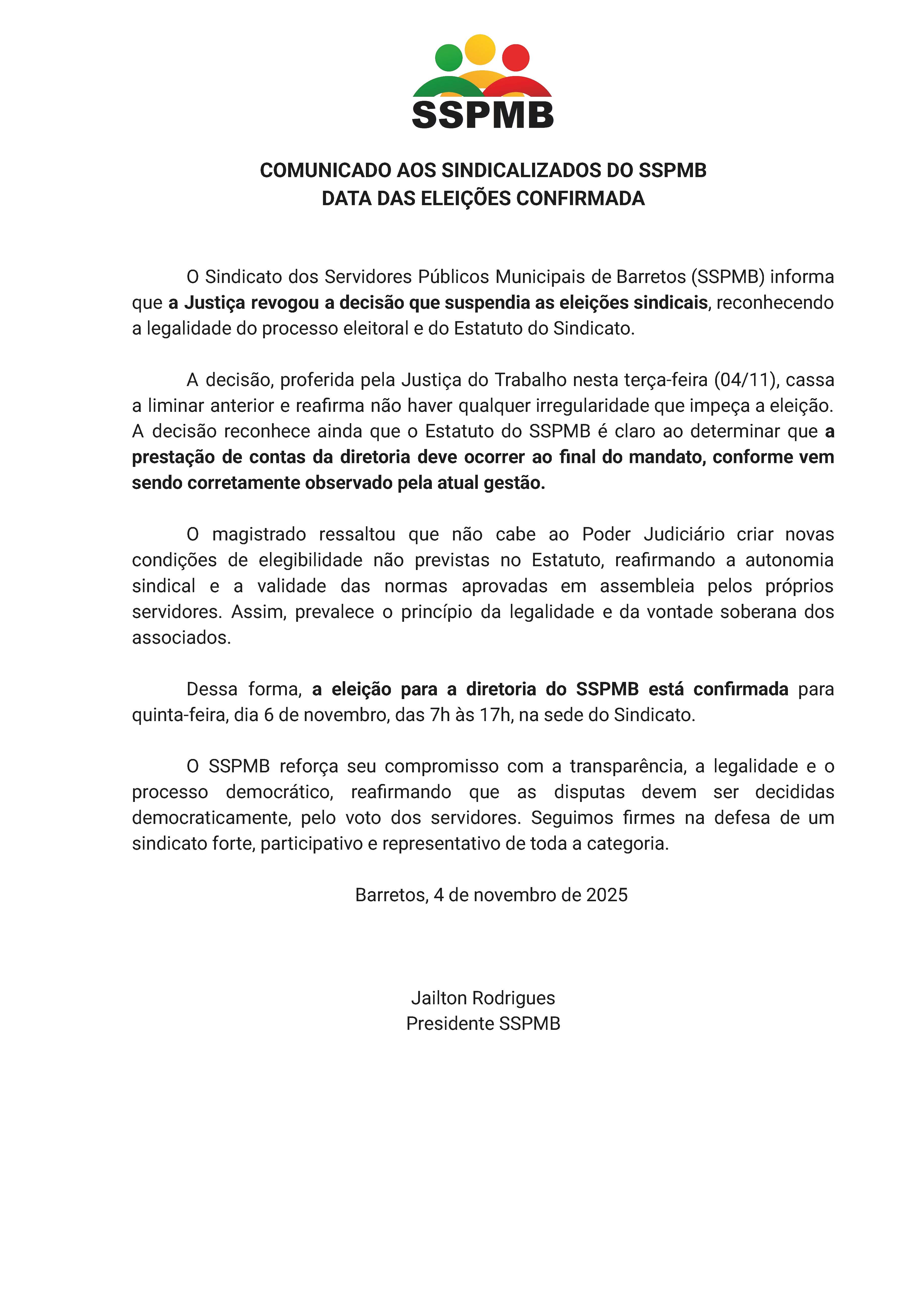 COMUNICADO: DATA DAS ELEIÇÕES CONFIRMADA