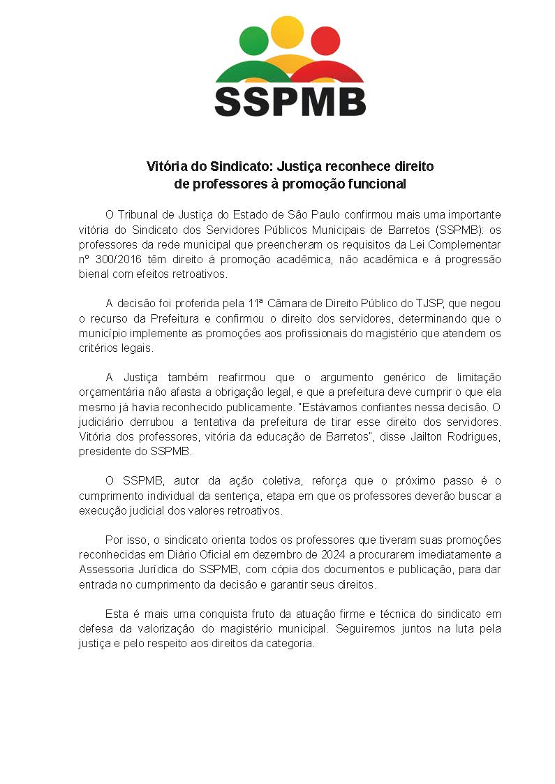 Vitória do Sindicato: Justiça reconhece direito de professores à promoção funcional